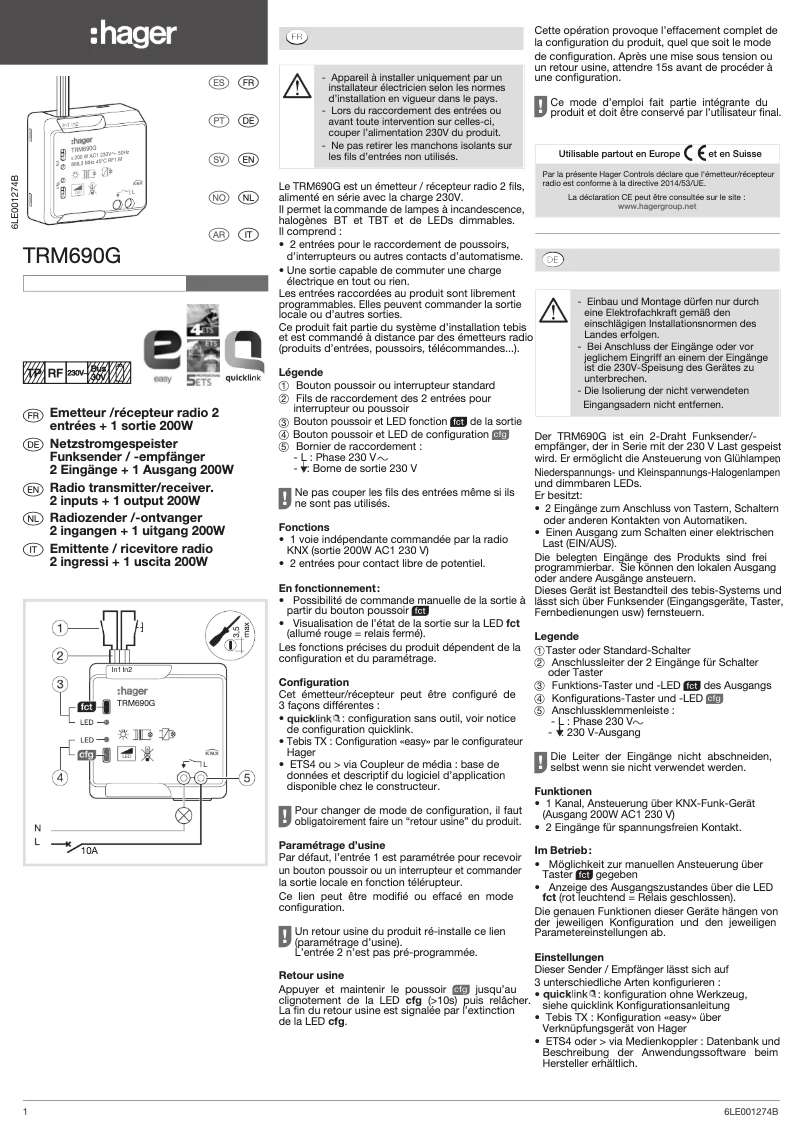 Page 1 de la notice Manuel utilisateur Hager TRM690G