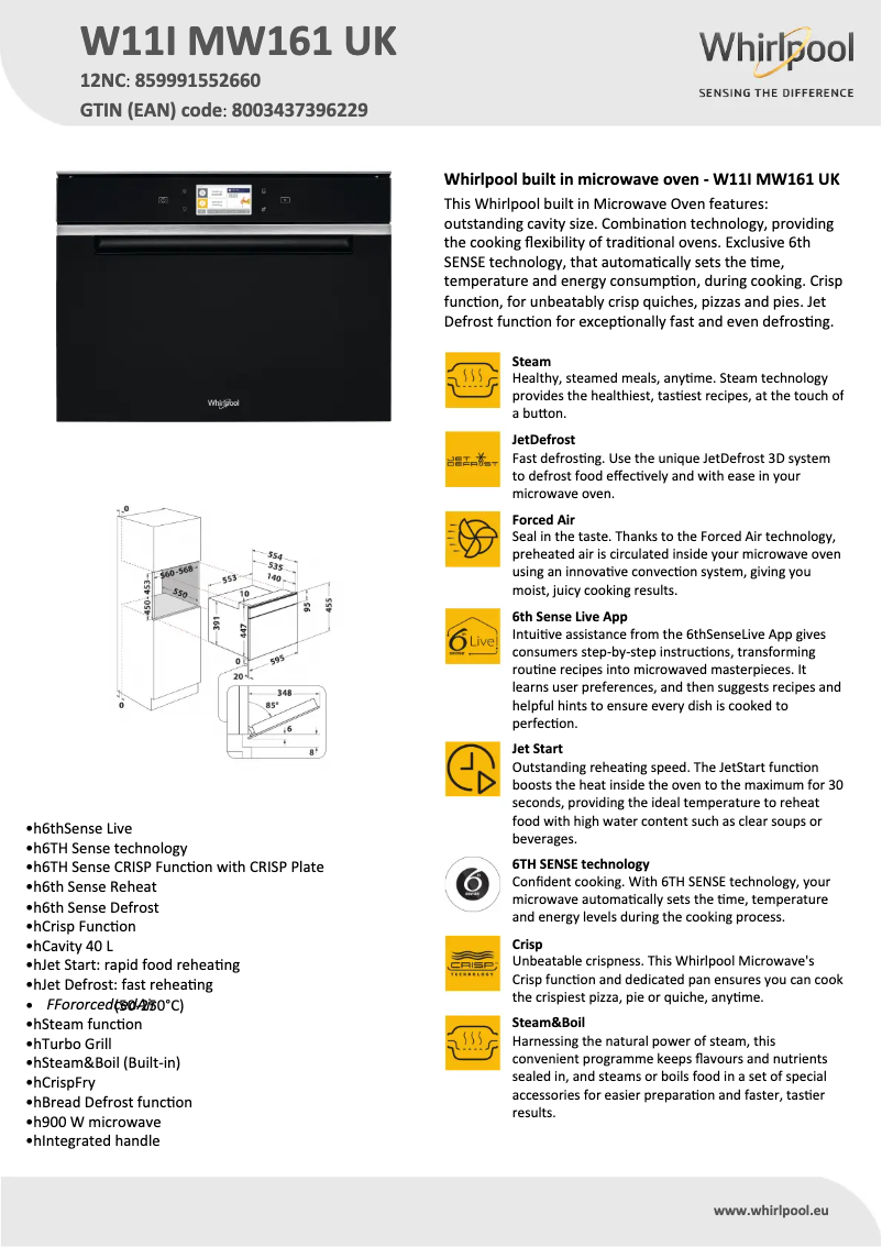 Página 1 del manual Ficha técnica Whirlpool W11I MW161 UK