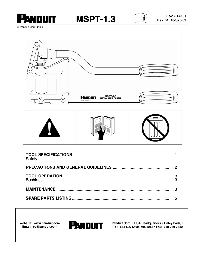 Page 1 de la notice Manuel utilisateur Panduit MSPT-1.3