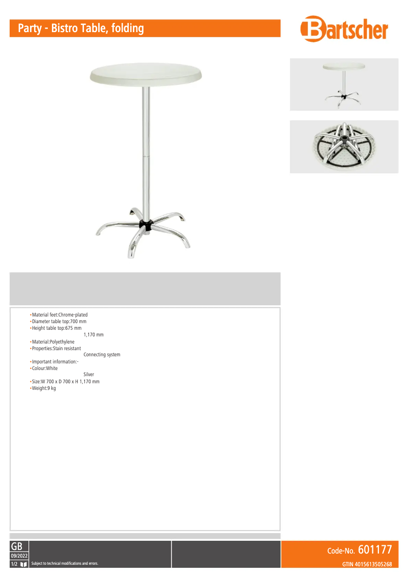 Page 1 de la notice Fiche technique Bartscher 601177