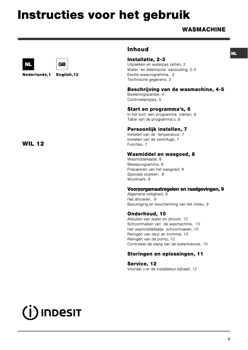 Page 1 de la notice Manuel utilisateur Indesit WIL 12