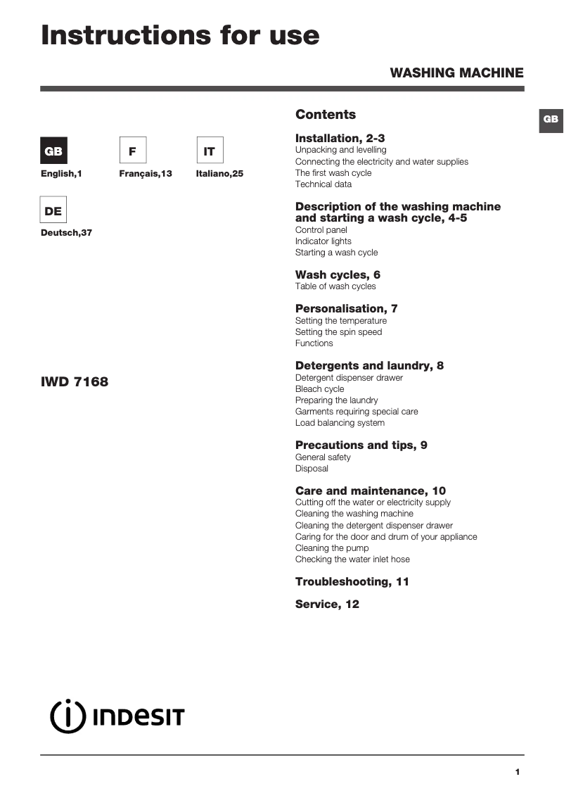 Page n°1 - Manuel utilisateur Indesit IWD 7168 B