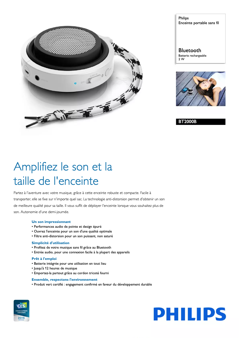 Page 1 de la notice Fiche technique Philips BT2000B