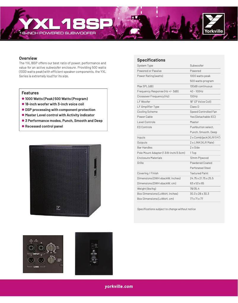 Page 1 de la notice Fiche technique Yorkville YXL18SP