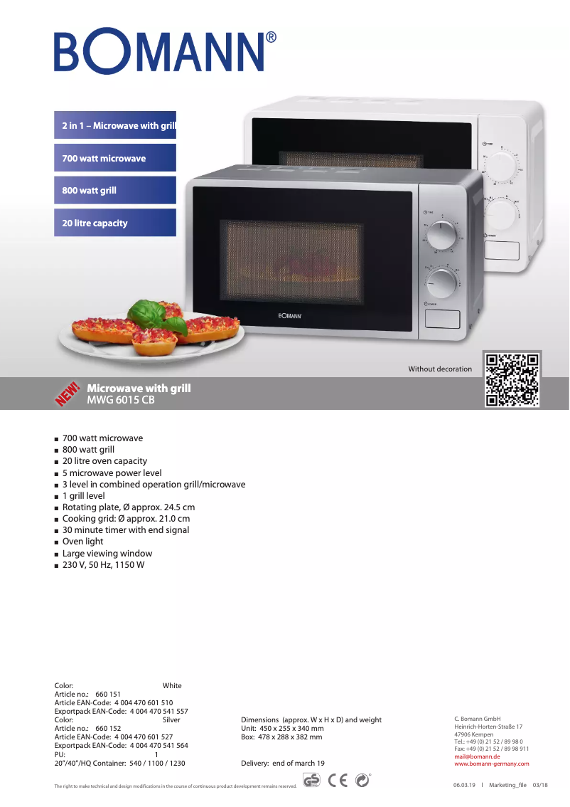 Page 1 de la notice Fiche technique Bomann MWG 6015 CB