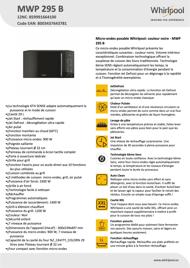 Página 1 del manual Ficha técnica Whirlpool MWP 295 B
