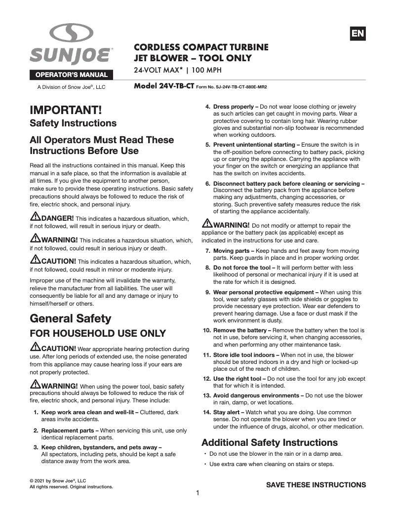 Page 1 de la notice Manuel utilisateur Sun Joe 24V-TB-CT
