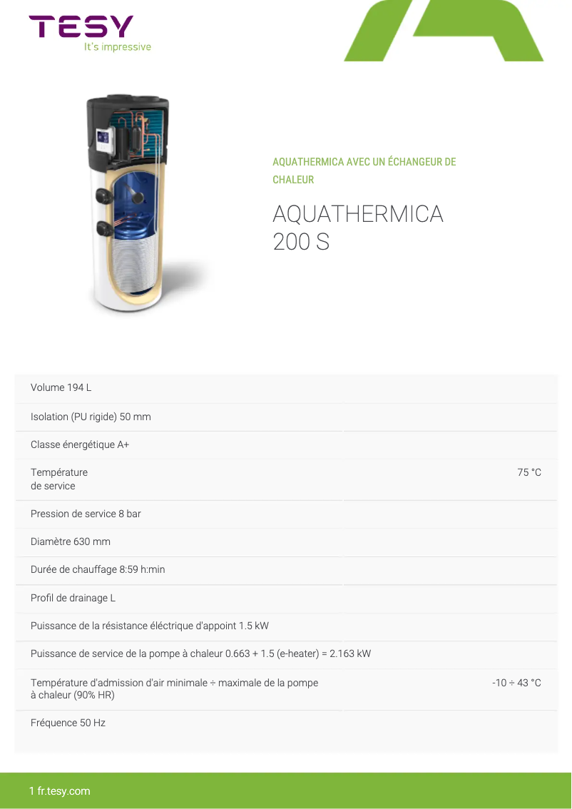 Page 1 of the manual Technical Sheet Tesy AquaThermica 200 S