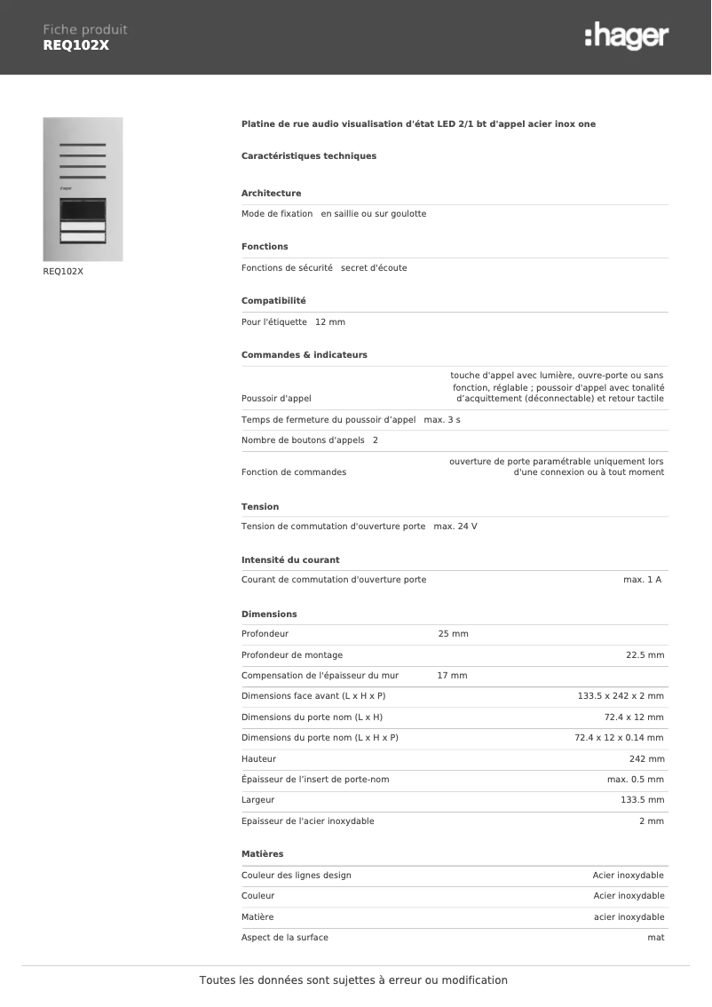 Page 1 de la notice Fiche technique Hager REQ102X