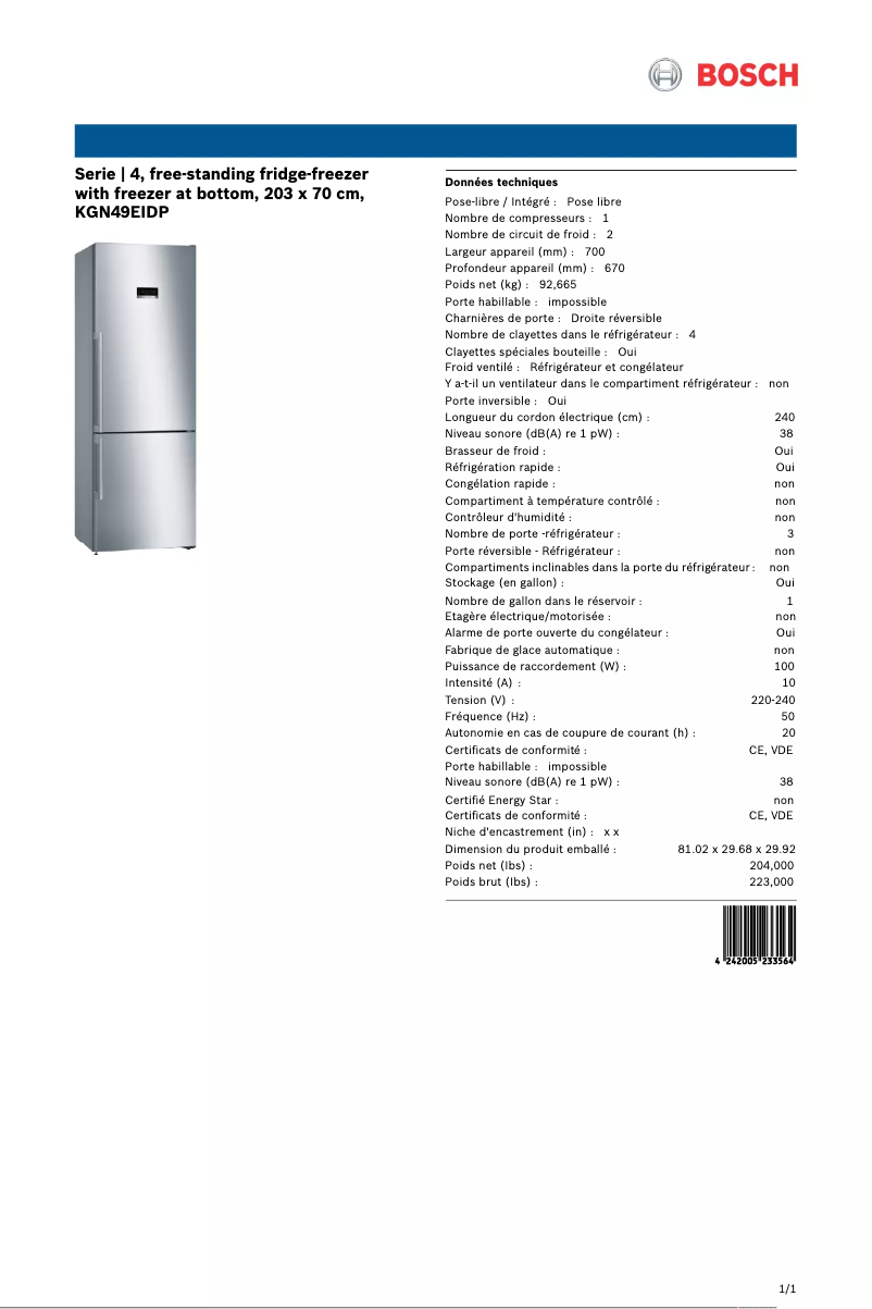 Page 1 of the manual Technical Sheet Bosch KGN49EIDP
