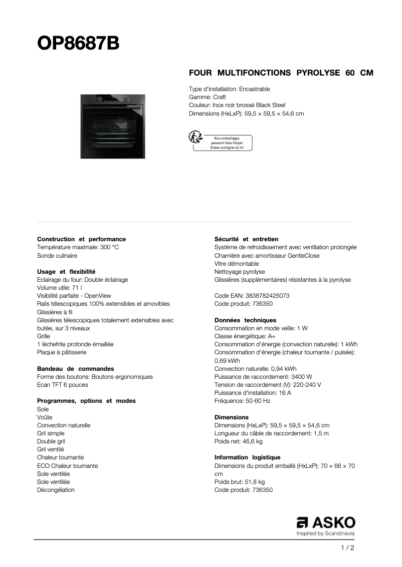 Page 1 de la notice Fiche technique Asko OP8687B