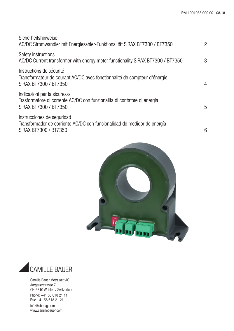 Page 1 de la notice Instructions de sécurité Camille Bauer SIRAX BT7300