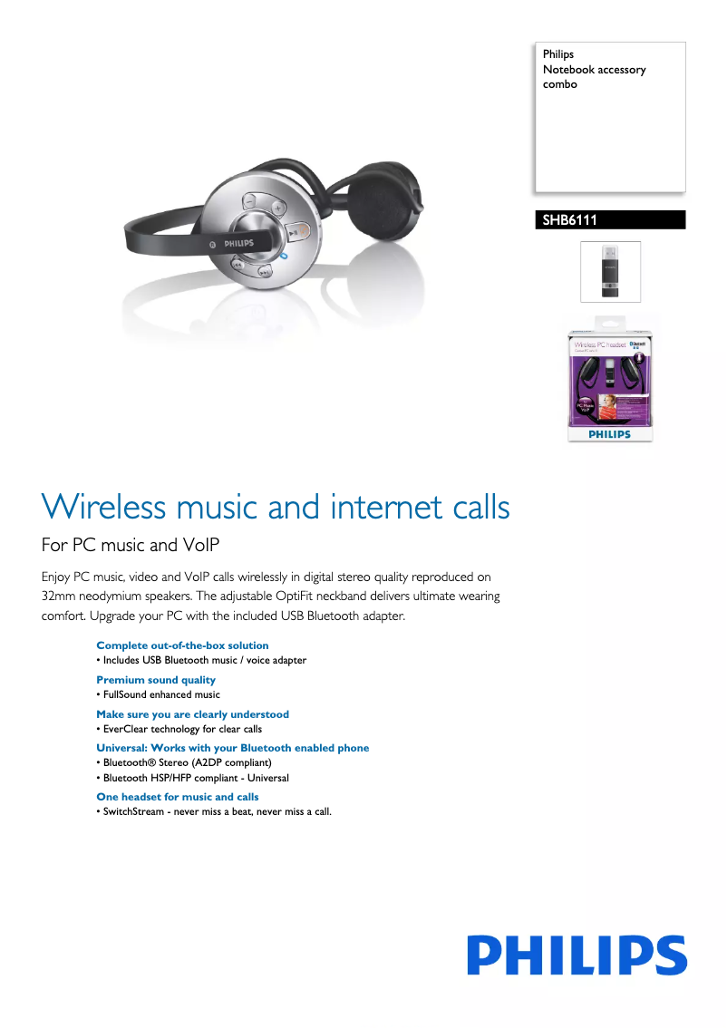 Page 1 de la notice Brochure Philips SHB6111