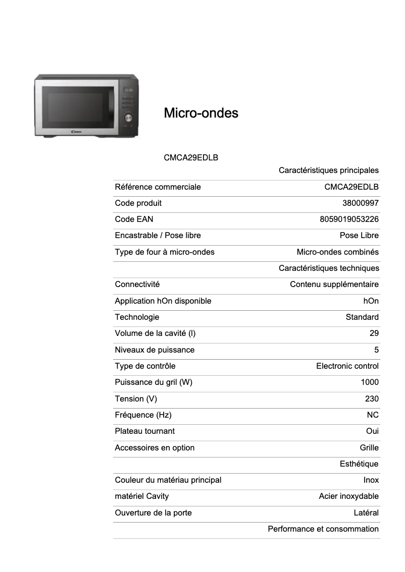 Page 1 of the manual Technical Sheet Candy CMCA29EDLB