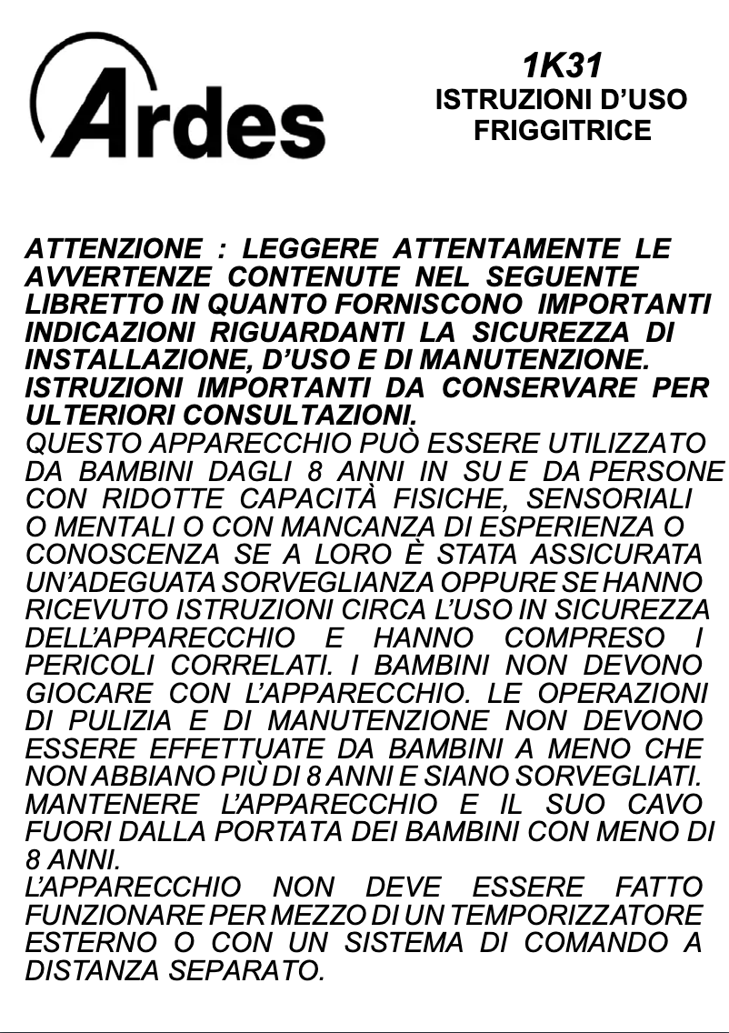 Page 1 de la notice Manuel utilisateur Ardes AR1K31