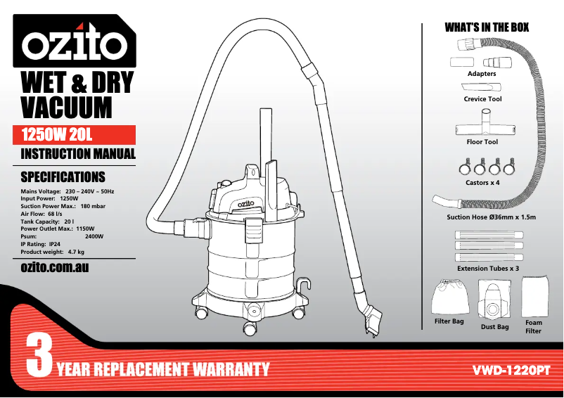 Page 1 de la notice Manuel utilisateur Ozito VWD-1530