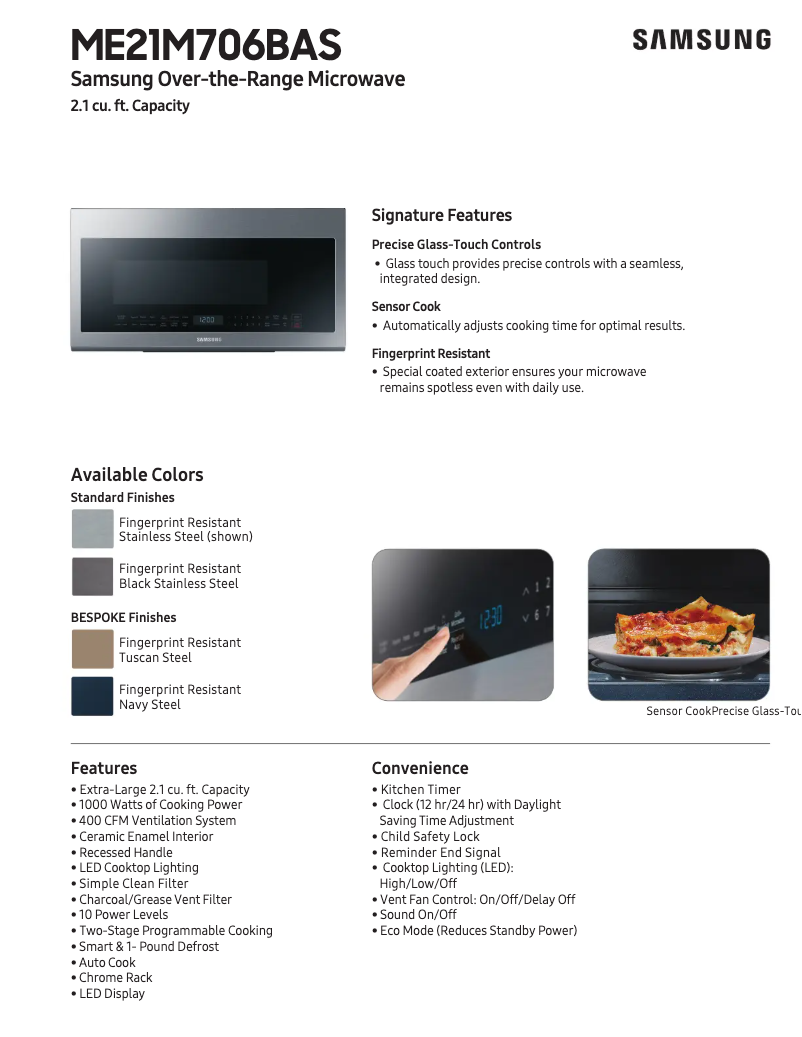 Página 1 del manual Ficha técnica Samsung ME21A706BQN