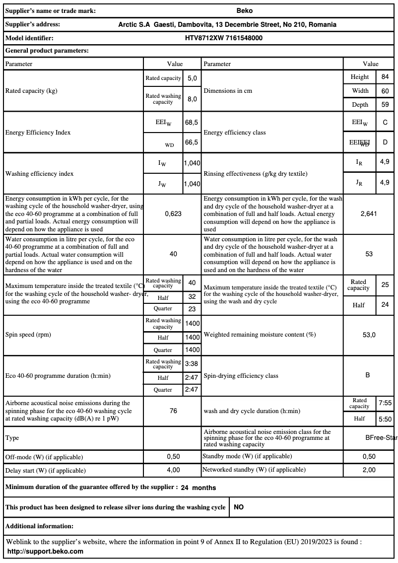 Page 1 de la notice Fiche technique Beko HTV8712XW