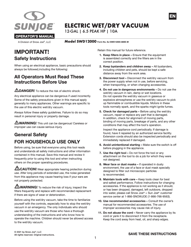 Page 1 de la notice Manuel utilisateur Sun Joe SWD12000