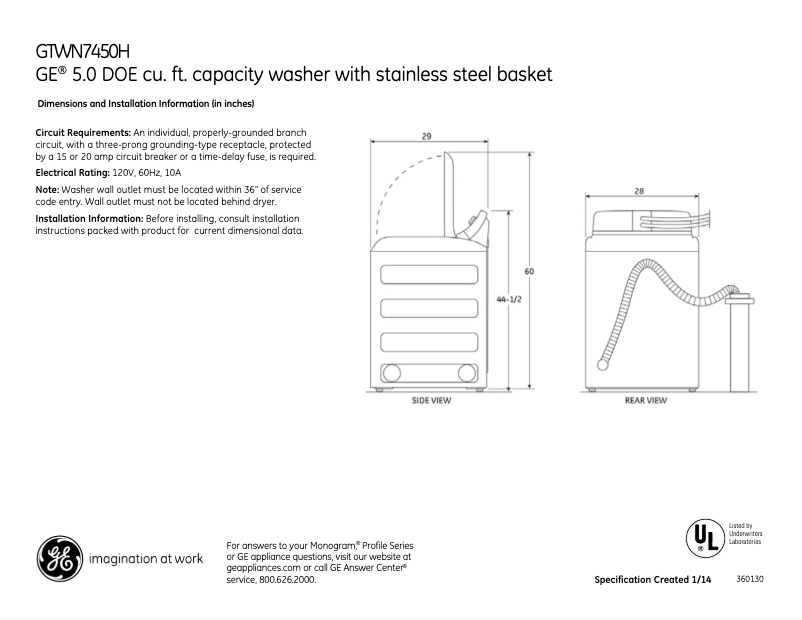 Page 1 of the manual Technical Sheet GE GTWN7450HWW