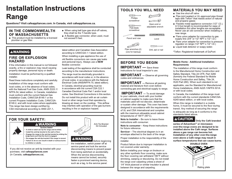 Page 1 of the manual Installation Guide GE CGS750M2NS5