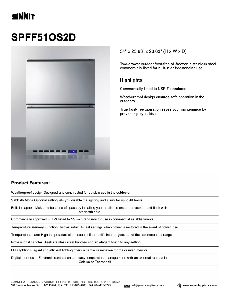 Page 1 de la notice Fiche technique Summit SPFF51OS2D