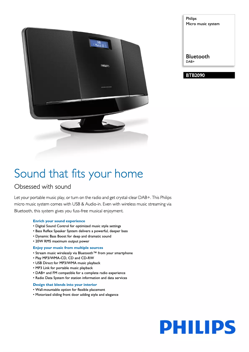 Page 1 de la notice Fiche technique Philips BTB2090