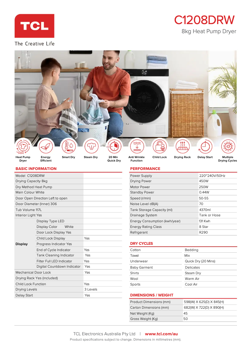 Page 1 de la notice Fiche technique TCL C1208DRW