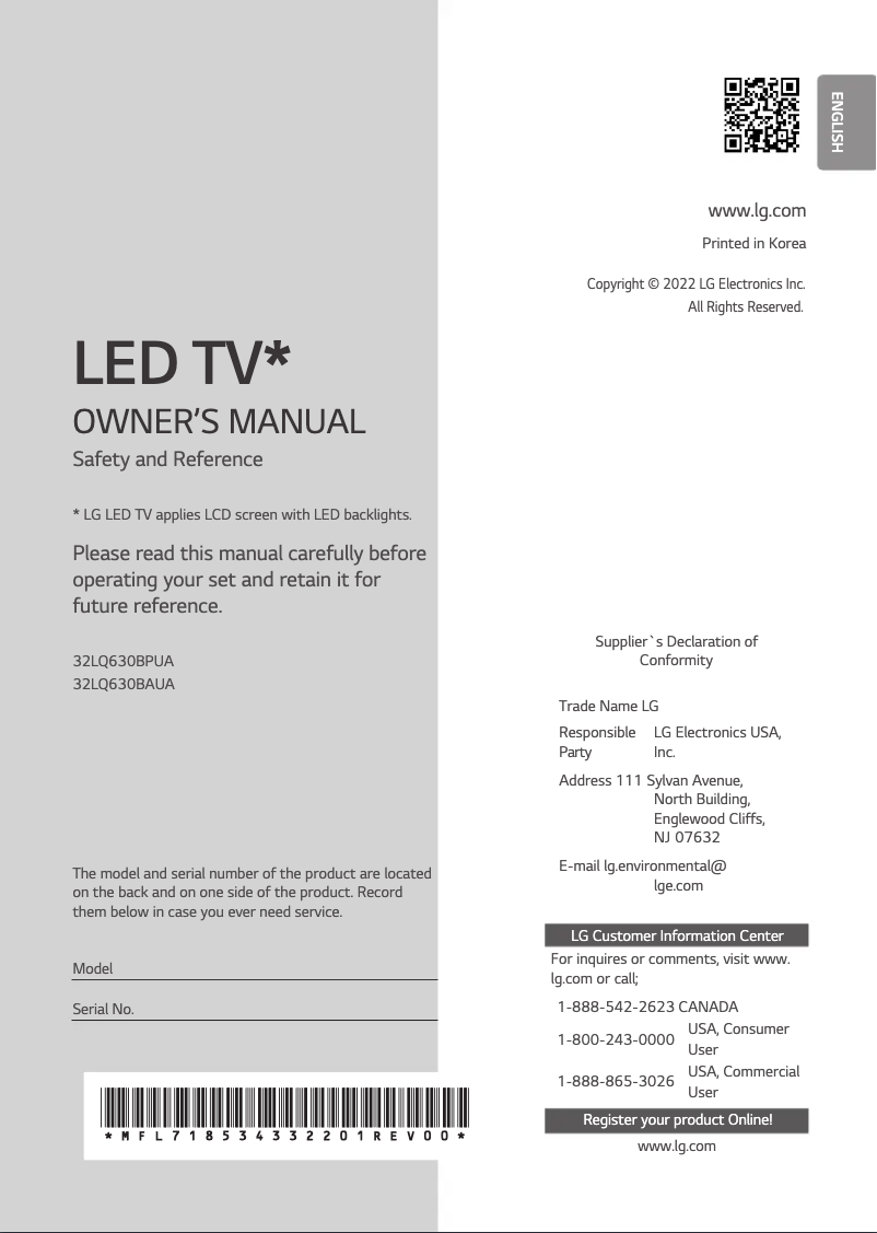 Page 1 de la notice Manuel utilisateur LG 32LQ630BPUA