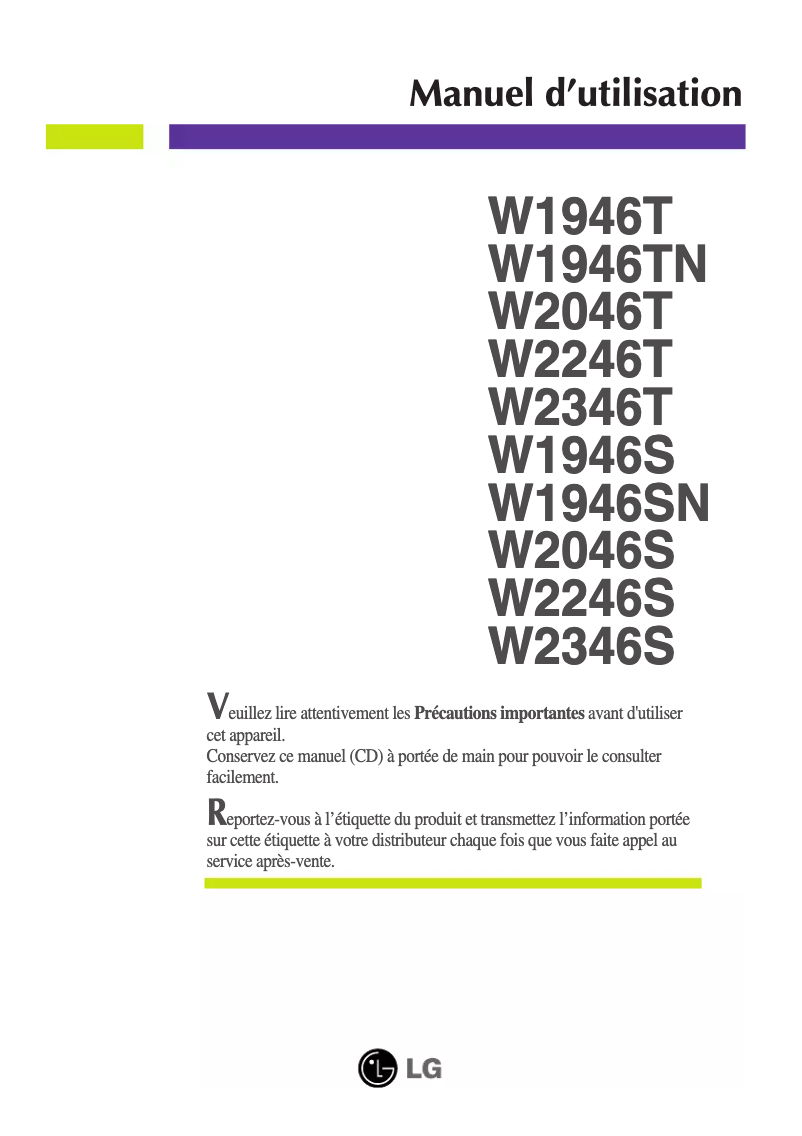 Page 1 de la notice Manuel utilisateur LG W2246T-BF