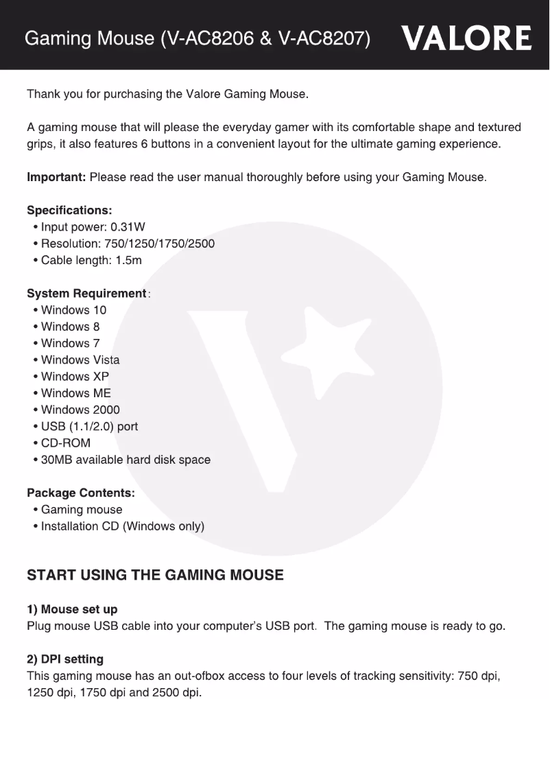 Page 1 de la notice Manuel utilisateur Valore V-AC8207