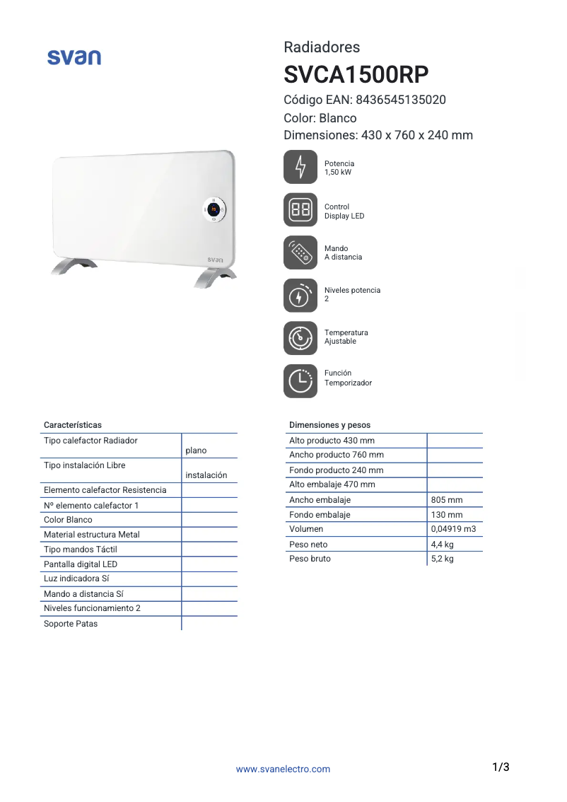 Página 1 del manual Ficha técnica SVAN SVCA1500RP