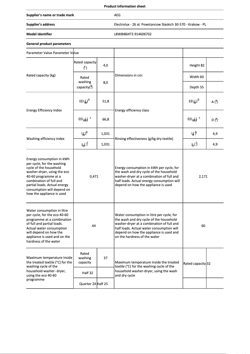 Page 1 de la notice Fiche technique AEG L8WBI864T3