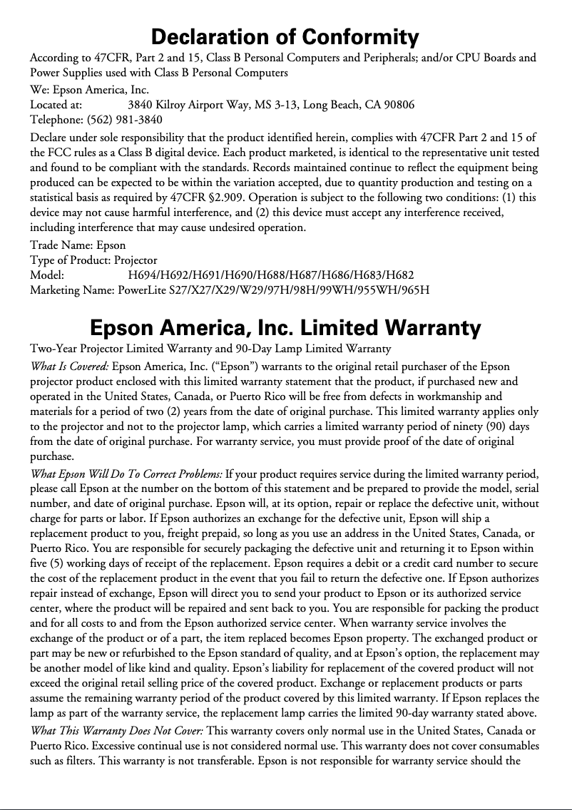 Página 1 del manual Información de garantía Epson PowerLite W29