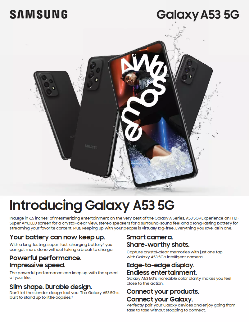 Page 1 de la notice Fiche technique Samsung Galaxy A53 5G