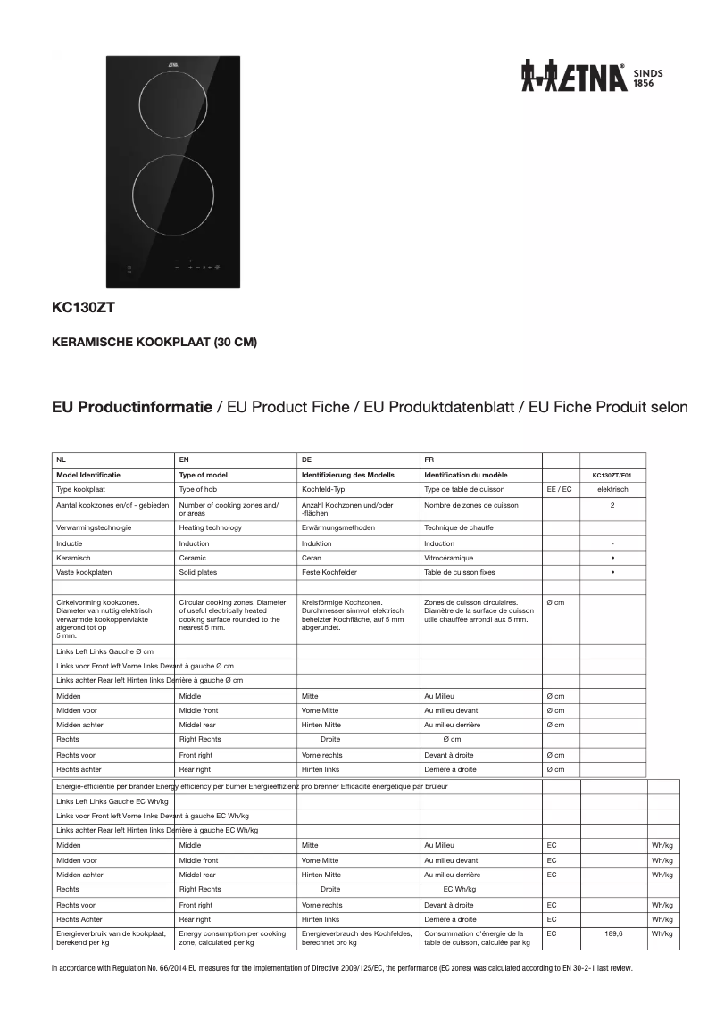 Page 1 de la notice Fiche technique Etna KC130ZT