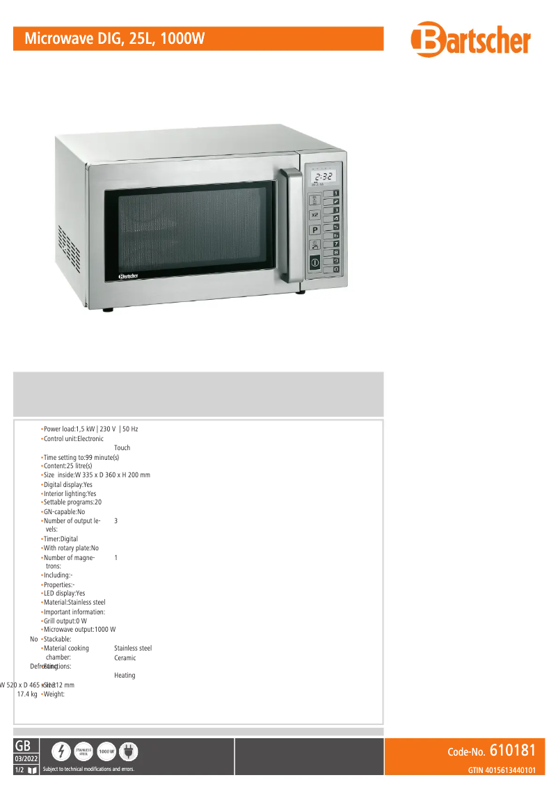 Página 1 del manual Ficha técnica Bartscher 610181