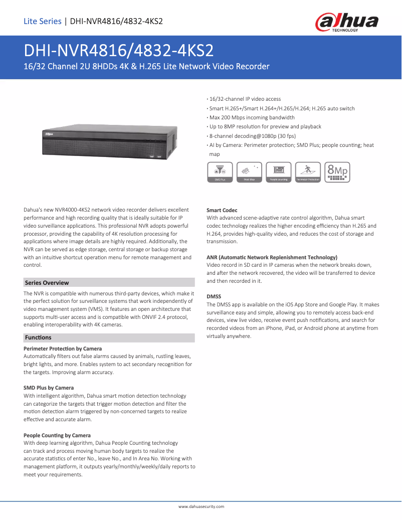 Page 1 de la notice Fiche technique Dahua Technology NVR4816-4KS2
