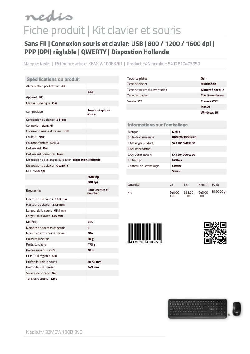 Page 1 de la notice Fiche technique Nedis KBMCW100BKND