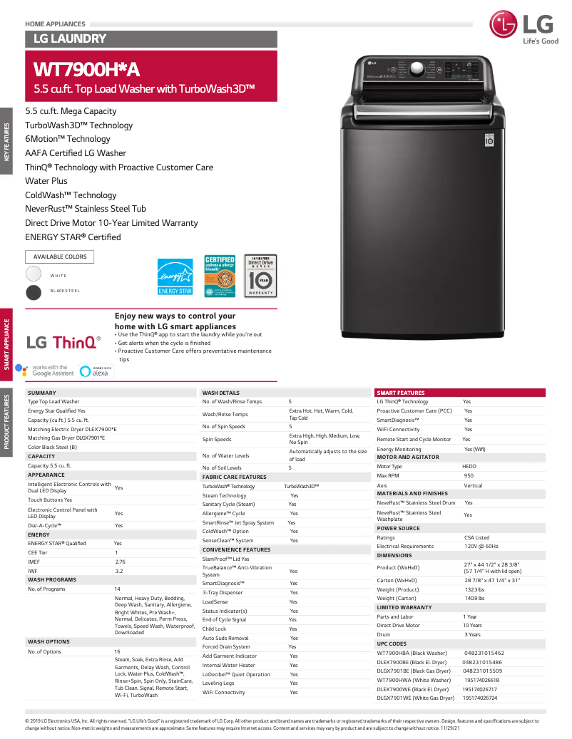 Page 1 of the manual Technical Sheet LG WT7900HBA