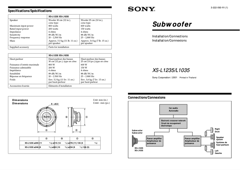 Page 1 de la notice Guide d'installation Sony XS-L1235