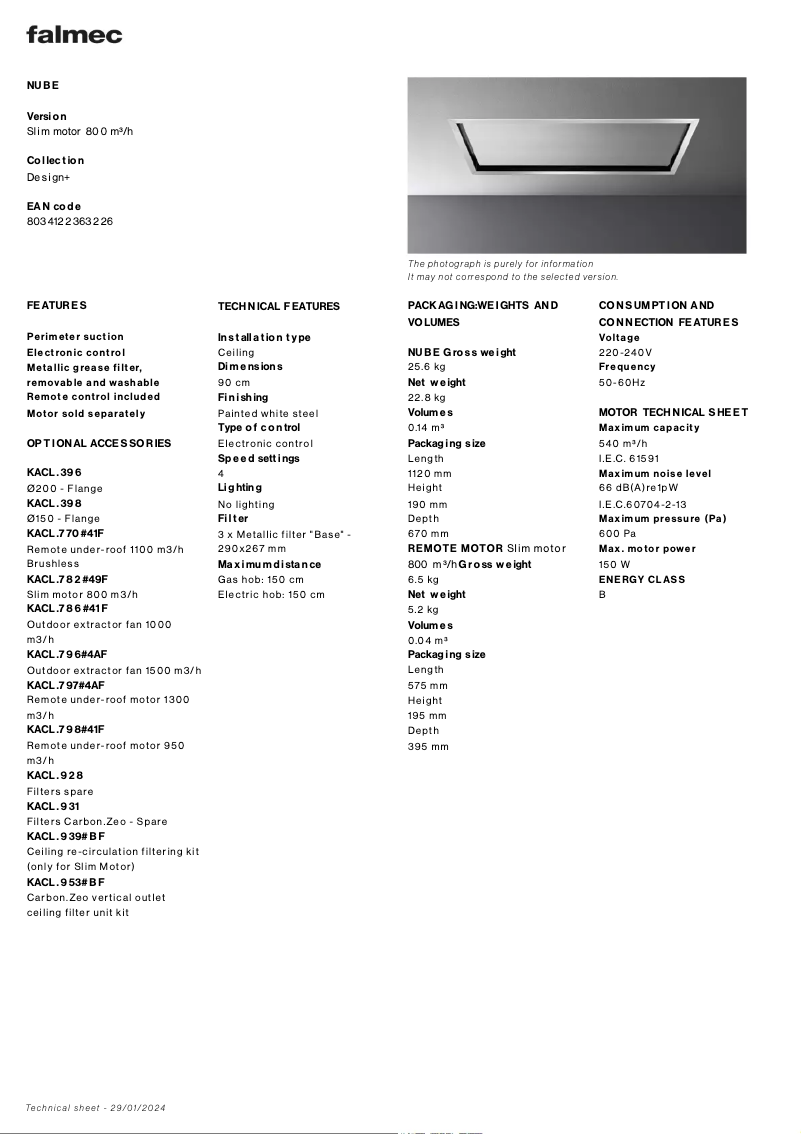 Page 1 of the manual Technical Sheet Falmec Nube Evo