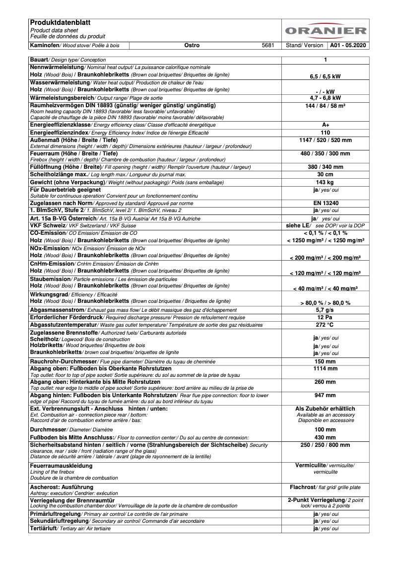 Page 1 de la notice Fiche technique Oranier Ostro (W+)