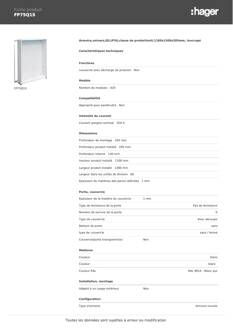 Page 1 de la notice Manuel utilisateur Hager FP75Q1S