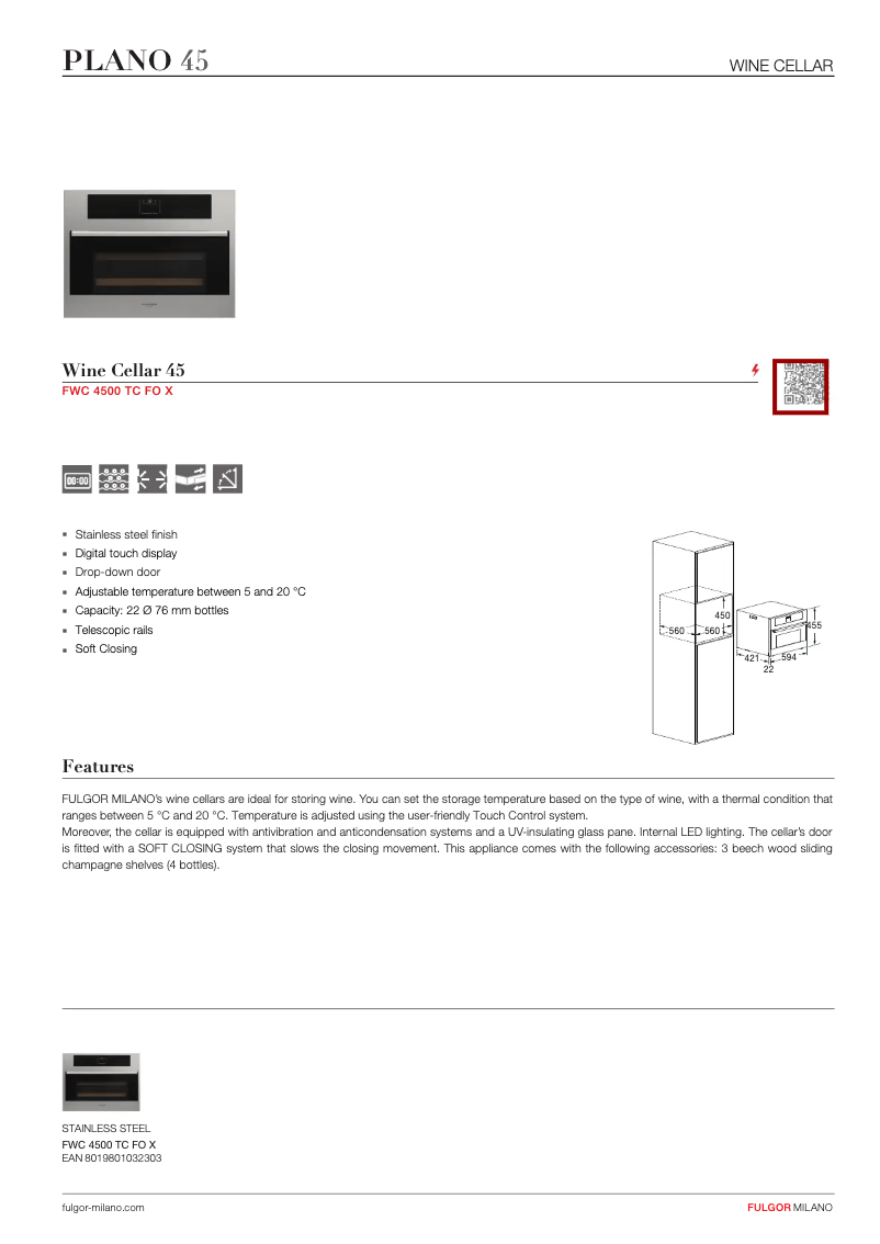Page 1 of the manual Technical Sheet Fulgor Milano FWC 4500 TC FO X