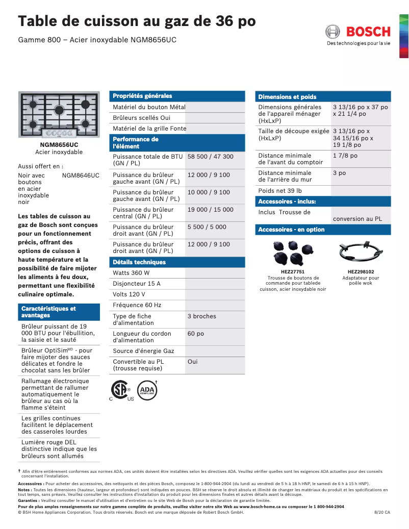 Page 1 of the manual Technical Sheet Bosch NGM8656UC