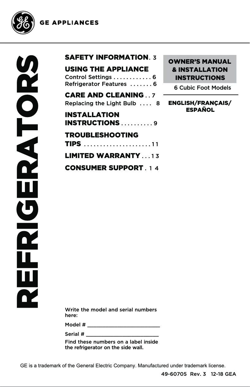 Página 1 del manual Manual de uso y mantenimiento GE GCE06GSHSB