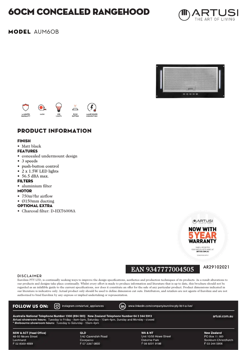 Página 1 del manual Ficha técnica Artusi AUM60