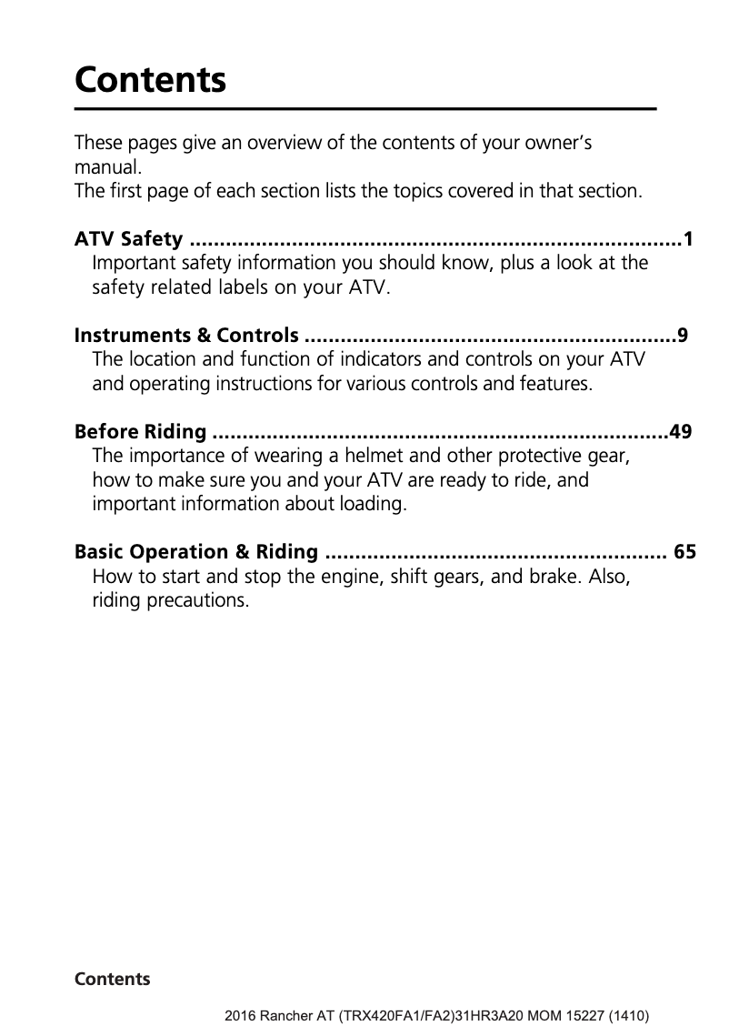Page 1 de la notice Manuel utilisateur Honda FourTrax Rancher TRX420TE1 (2016)