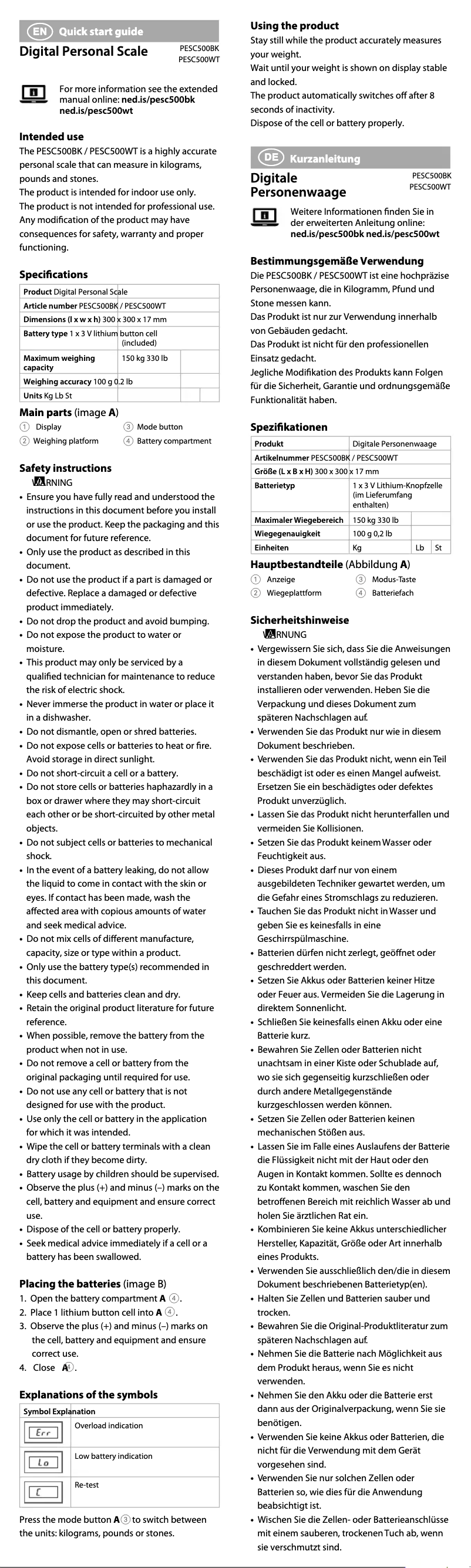 Page 1 de la notice Manuel utilisateur Nedis PESC500WT